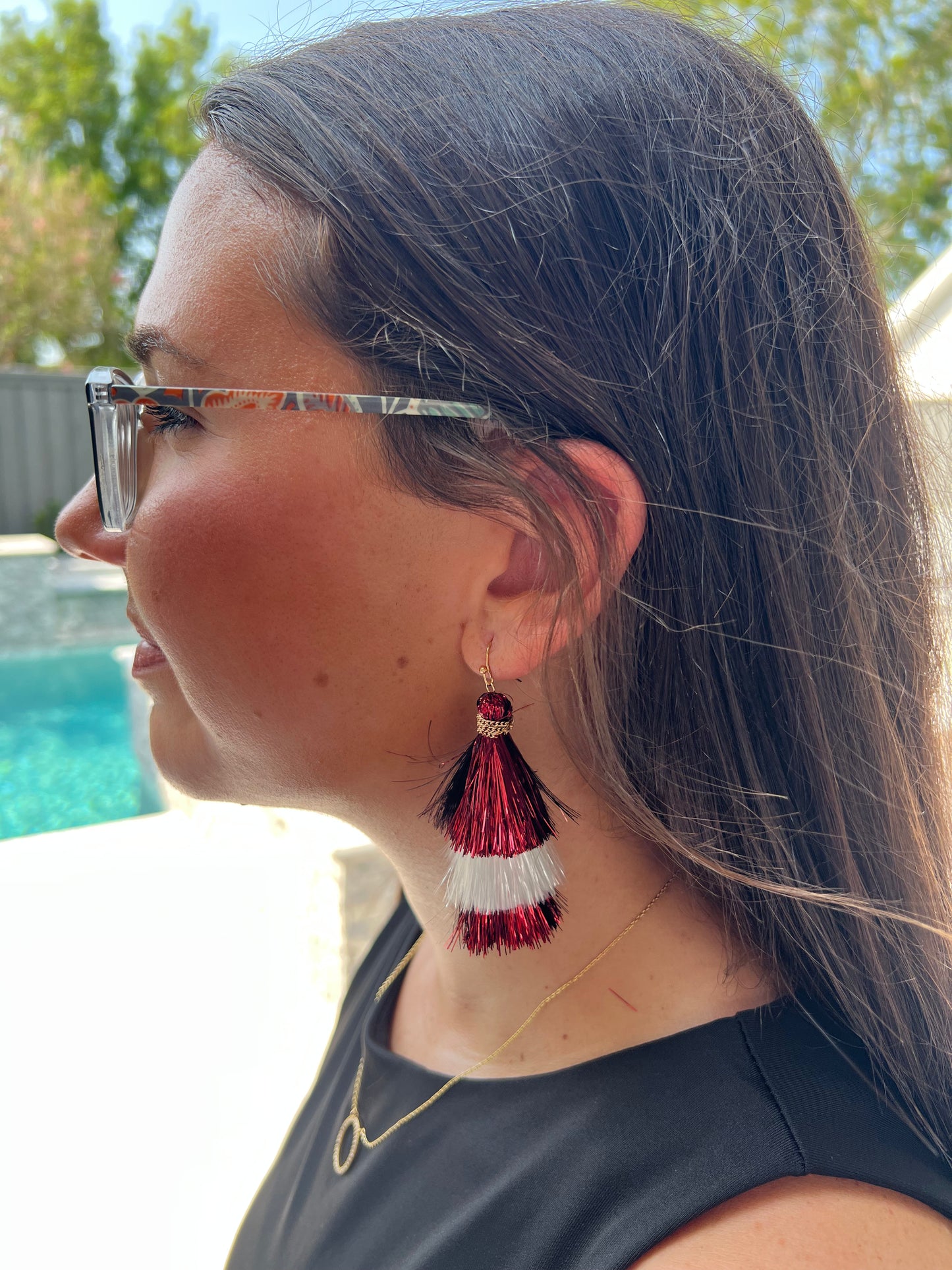 Shimmer Tassel Earrings - Maroon & White