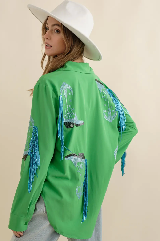 Western Cowboy Fringe Shirt - Kelly Green Blue