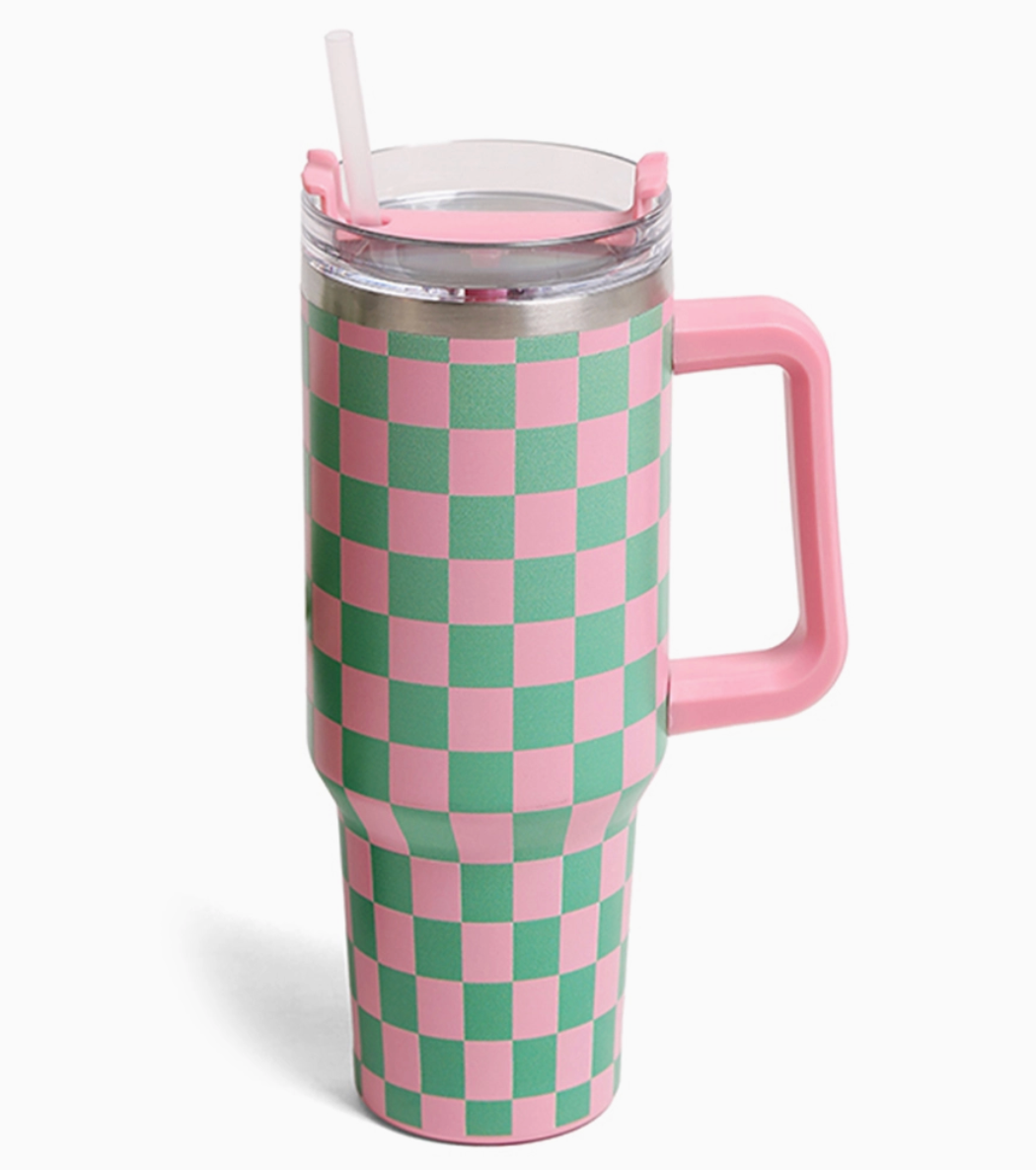 Pink & Green Checkered Tumbler