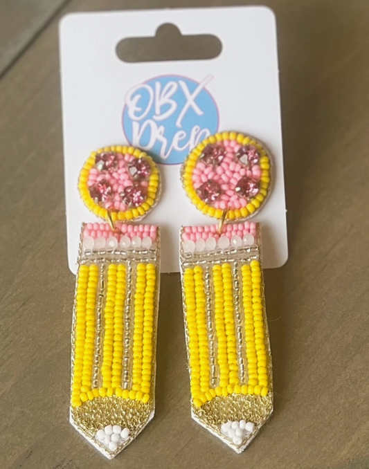 Pencil Teacher Back To School Seed Beaded Drop Earrings