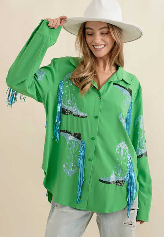 Western Cowboy Fringe Shirt - Kelly Green Blue