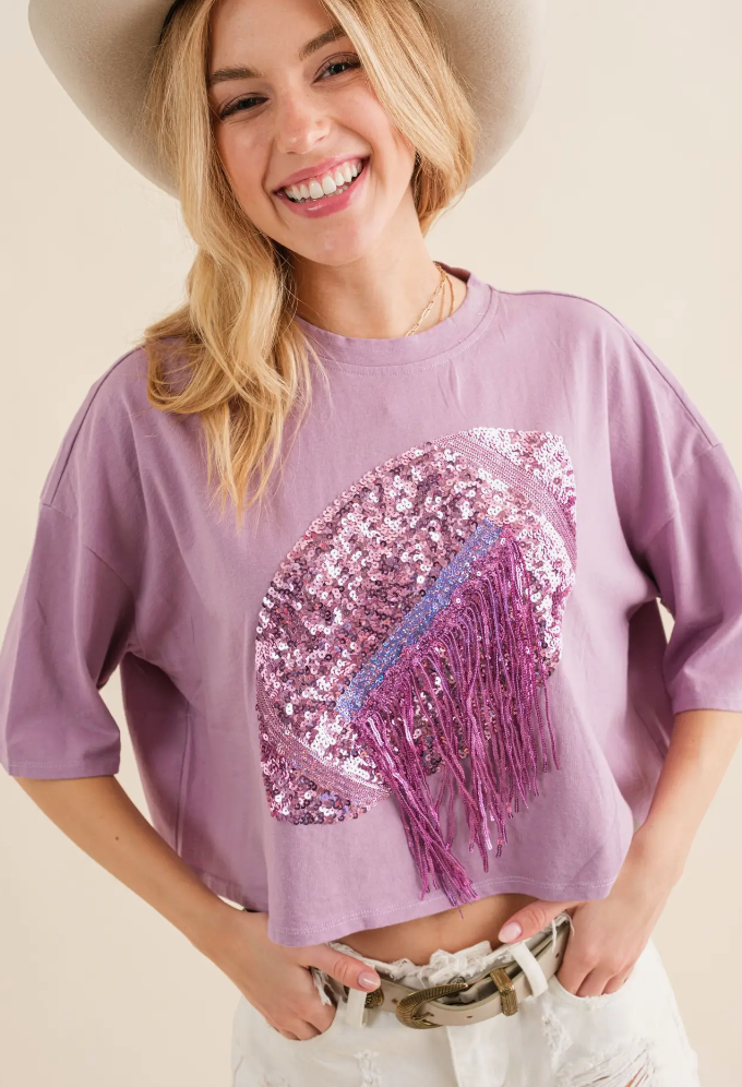 Sequin Football Fringe Cropped Tee
