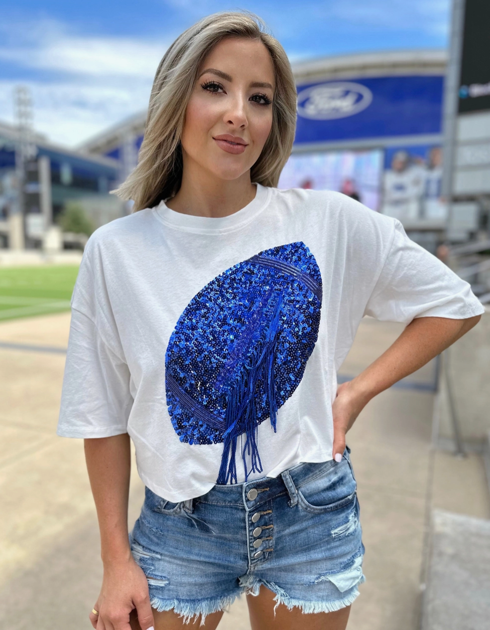 Sequin Football Fringe Cropped Tee